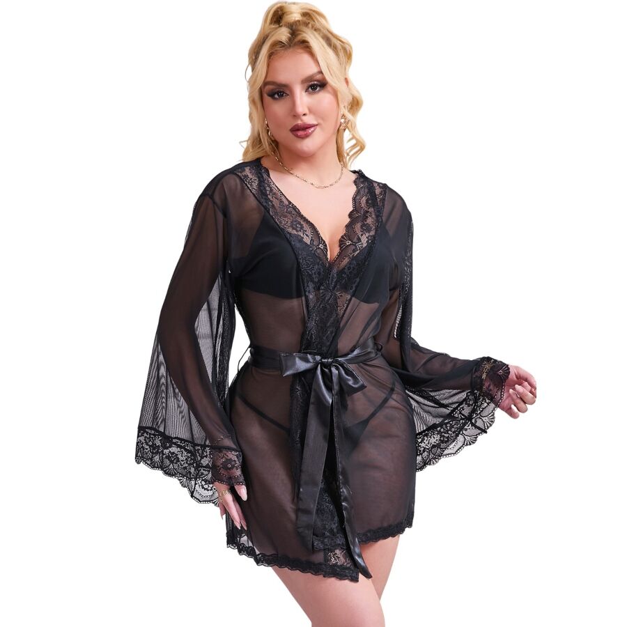 SUBBLIME - TRANSPARENT FABRIC ROBE WITH LACE DETAIL BLACK S/M - Happytoys Sexshop: online sex shop for Feeling Happy & Easy 😊 - Discreet geleverd