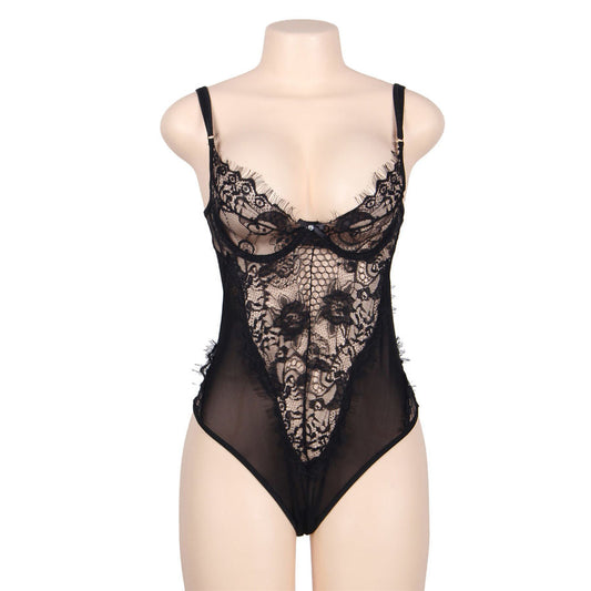 SUBBLIME - QUEEN PLUS FLORAL LACE AND FRINGED BLACK TEDDY - Happytoys Sexshop: online sex shop for Feeling Happy & Easy 😊 - Discreet geleverd