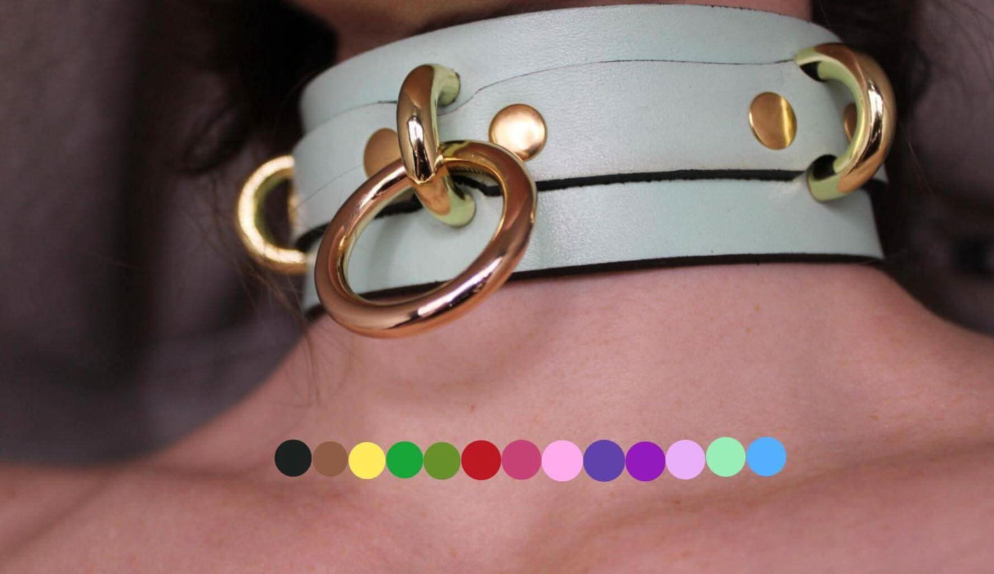 Posture Collar with Gold O-Ring  BDSM Choker for Submissive Bondage