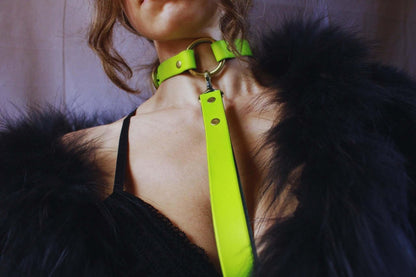 Day Collar Neon Green BDSM Collar with Leash - Leather Choker - Happytoys Sexshop: online sex shop for Feeling Happy & Easy 😊 - Discreet geleverd