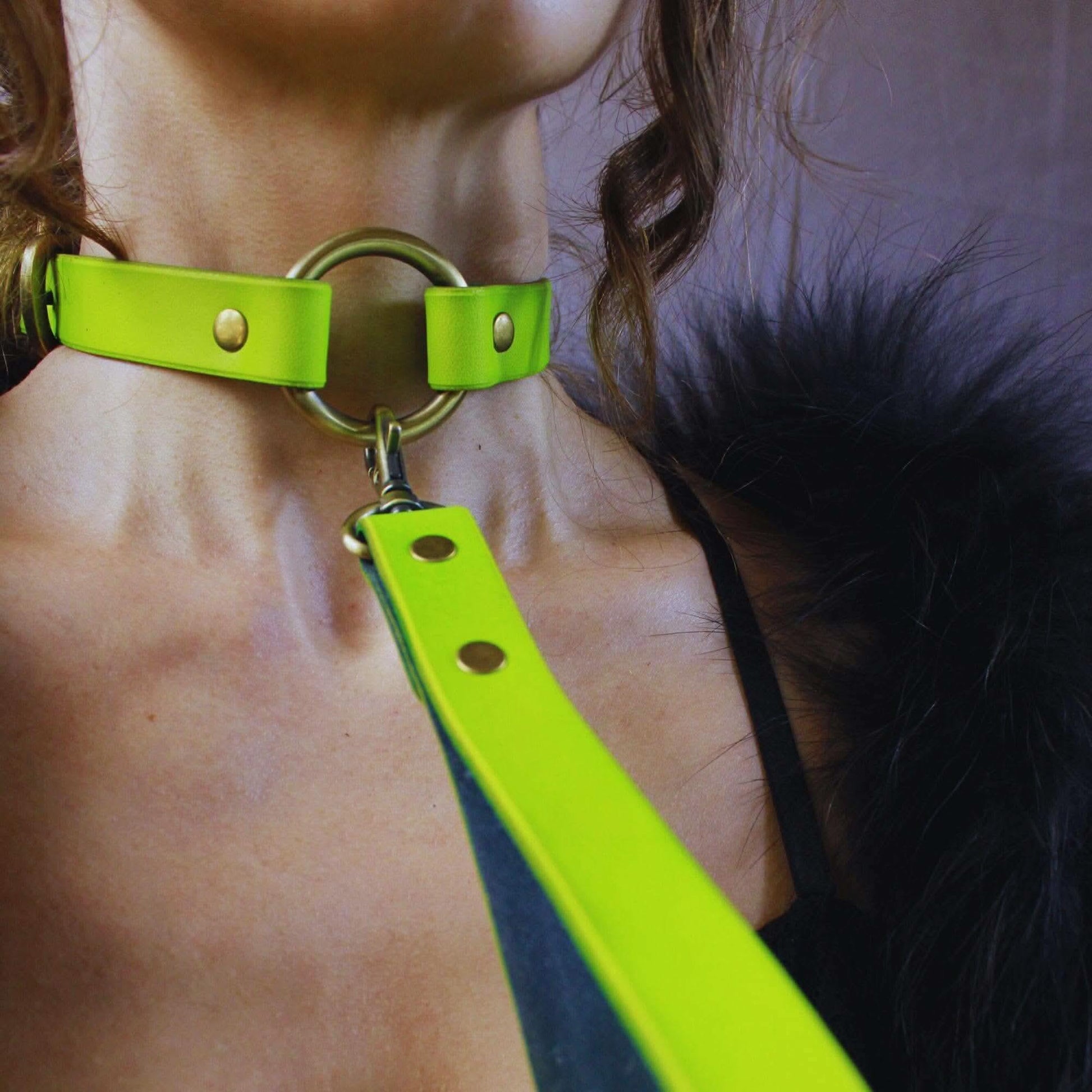 Day Collar Neon Green BDSM Collar with Leash - Leather Choker - Happytoys Sexshop: online sex shop for Feeling Happy & Easy 😊 - Discreet geleverd