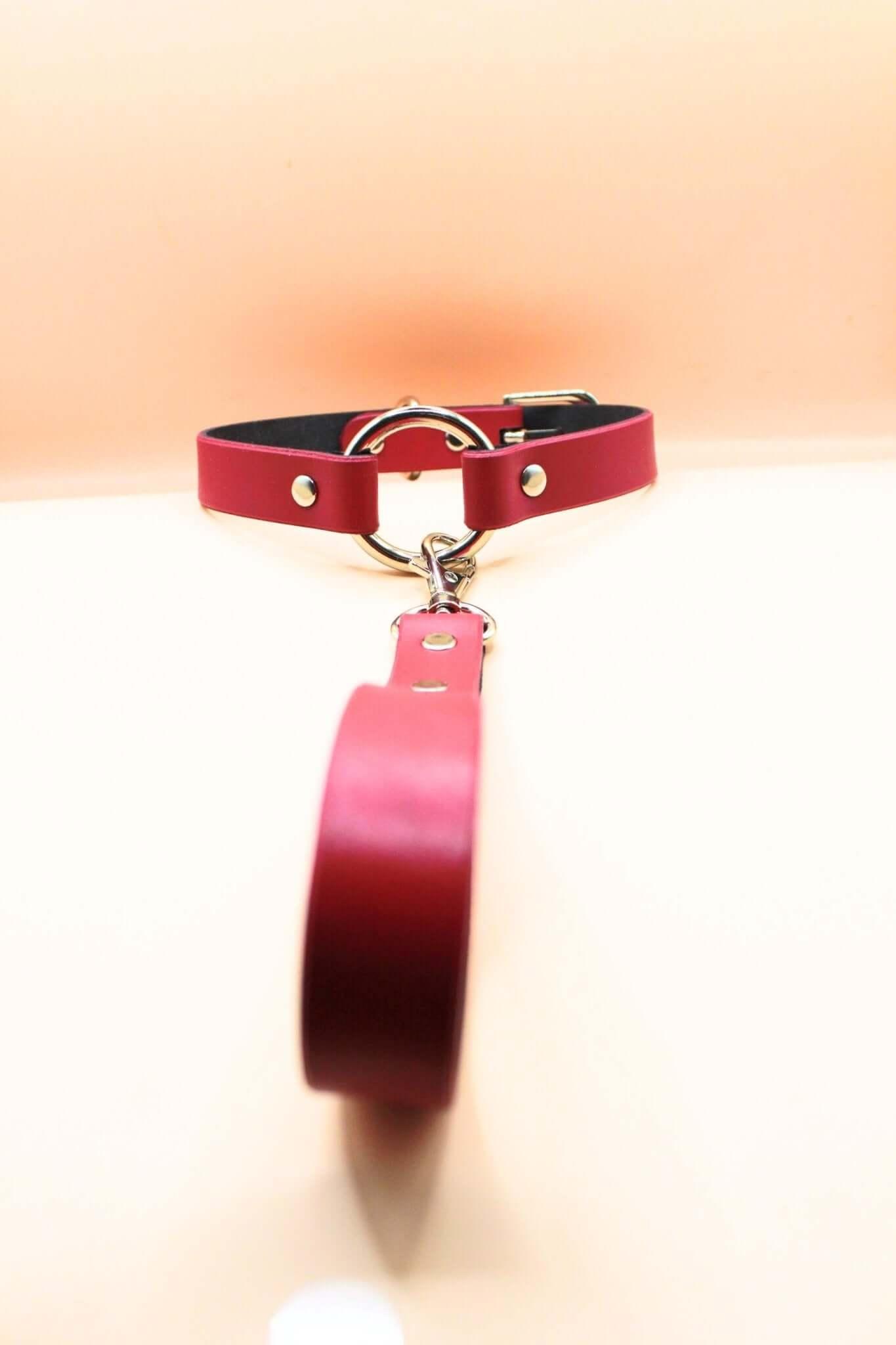 Choker Collar Raspberry Leather Choker with Leash Discreet BDSM Collar - Happytoys Sexshop: online sex shop for Feeling Happy & Easy 😊 - Discreet geleverd