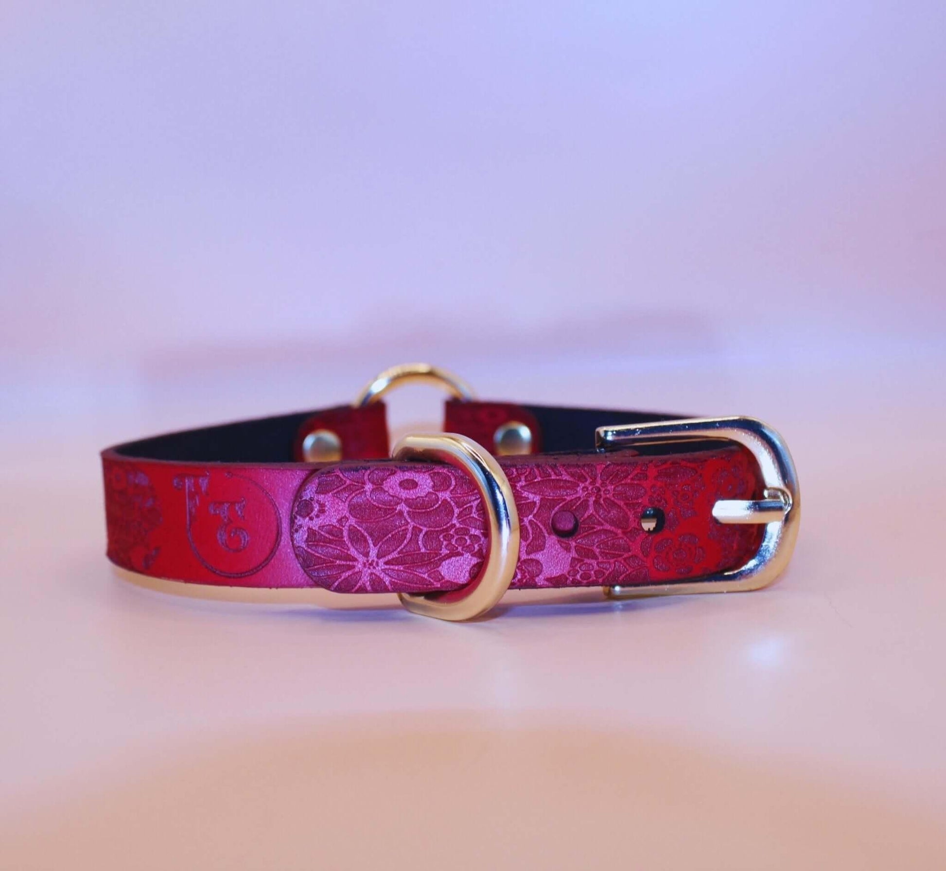 Red Floral Leather BDSM Collar with Gold O-Ring - Happytoys Sexshop: online sex shop for Feeling Happy & Easy 😊 - Discreet geleverd