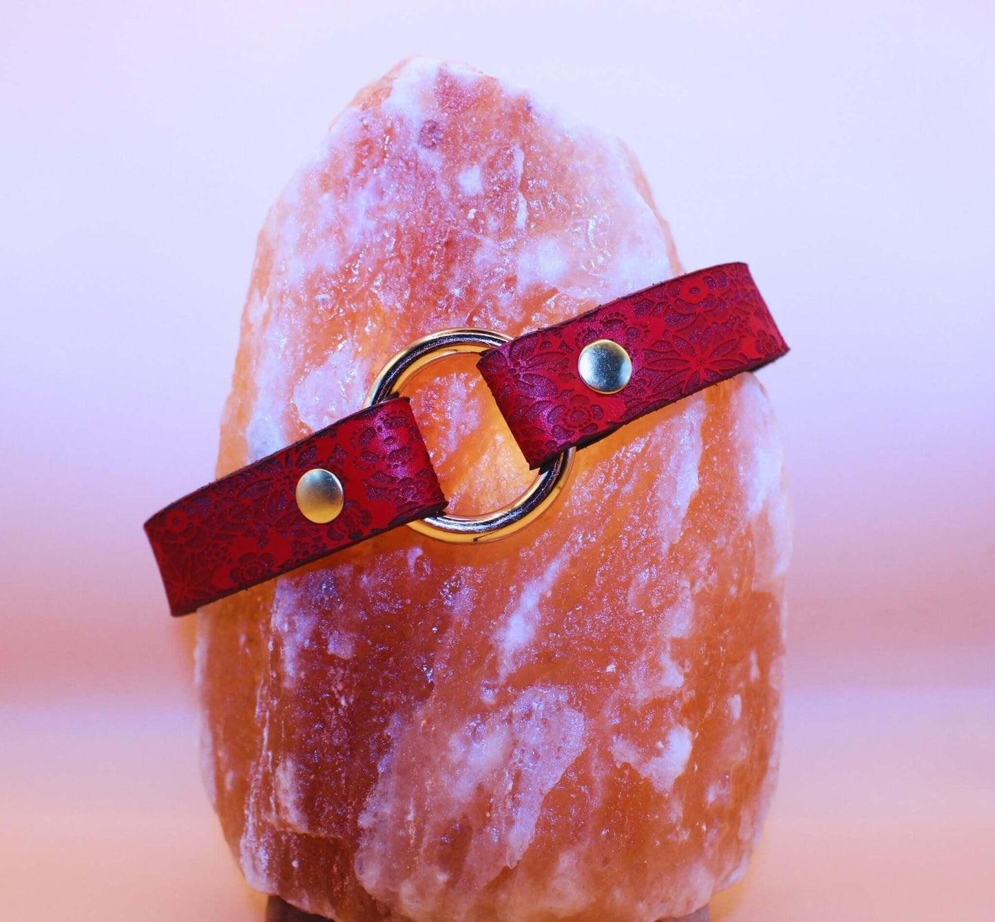 Red Floral Leather BDSM Collar with Gold O-Ring - Happytoys Sexshop: online sex shop for Feeling Happy & Easy 😊 - Discreet geleverd