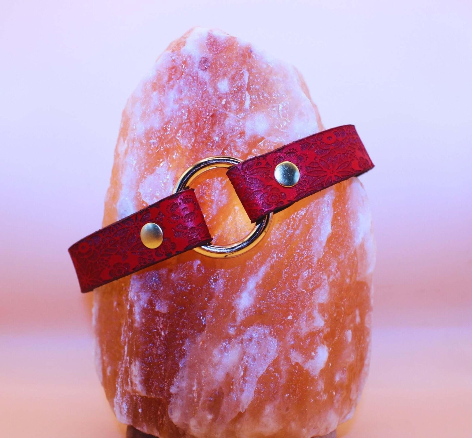 Red Floral Leather BDSM Collar with Gold O-Ring - Happytoys Sexshop: online sex shop for Feeling Happy & Easy 😊 - Discreet geleverd