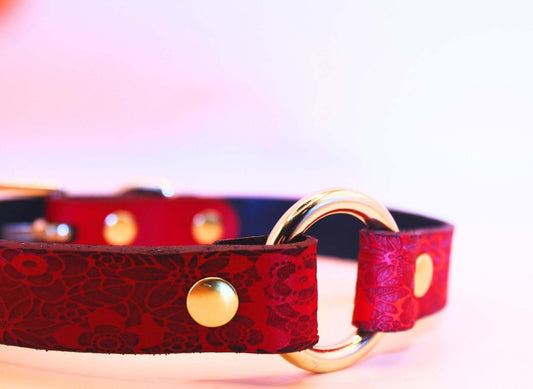 Red Floral Leather BDSM Collar with Gold O-Ring - Happytoys Sexshop: online sex shop for Feeling Happy & Easy 😊 - Discreet geleverd