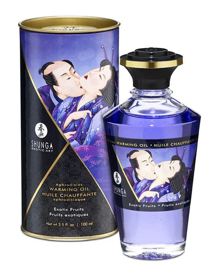 Shunga verwarmende olie fles met zwarte dop en bijpassend blik, Exotic Fruits, 100 ml