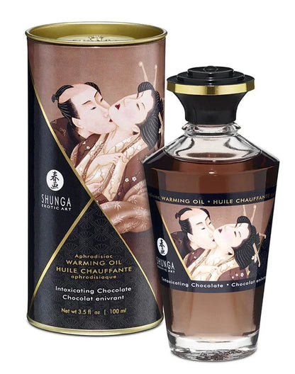 Shunga warming oil fles en blik, Intoxicating Chocolate geur, 100 ml, met zwarte dop