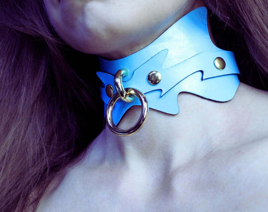 Leather Posture Collar Sky Blue Spiked Leather BDSM Collar Day Choker
