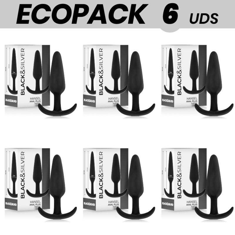 ECOPACK 6 UNITS - BLACK&SILVER HANSEL SILICONE ANAL PLUG WITH SMALL HANDLE