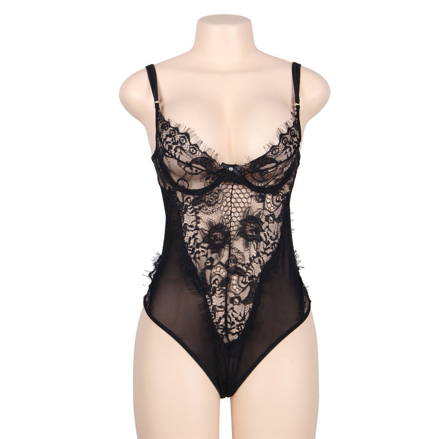SUBBLIME QUEEN PLUS - FLORAL LACE AND FRINGED BLACK TEDDY